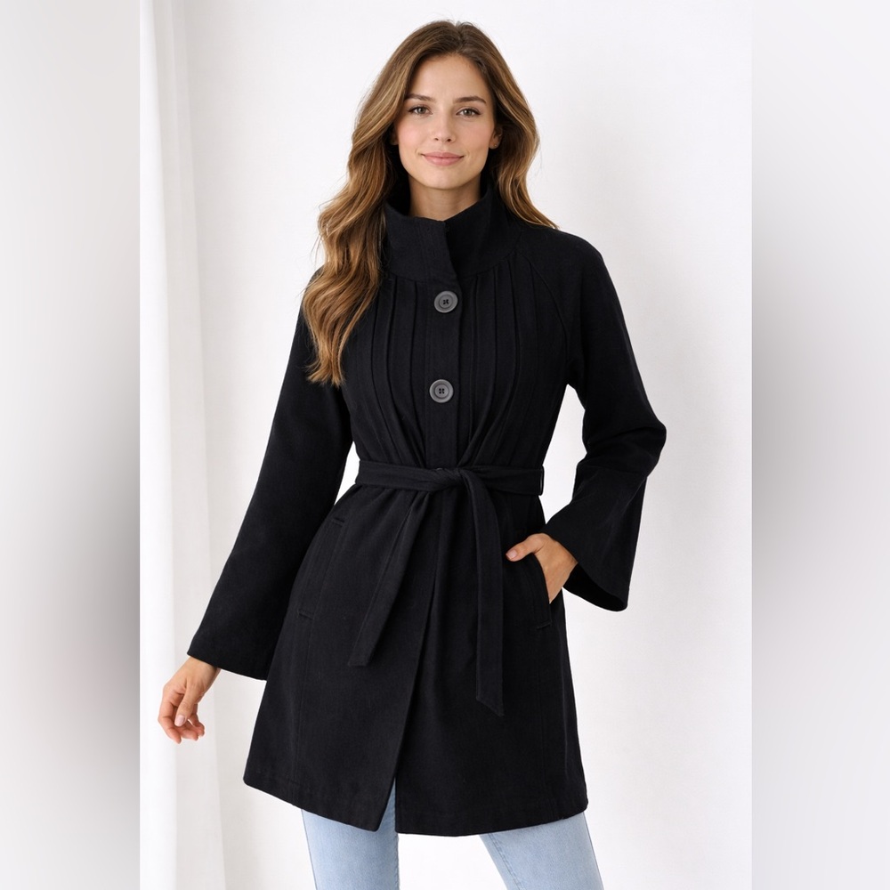 Flying Tomato Black Button Front Belted Coat Jacket Red Polka Dot Lining S/M